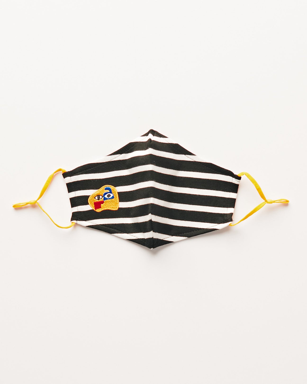 Black and White Breton Stripe Facemask with Embroidery and Mustard earloop