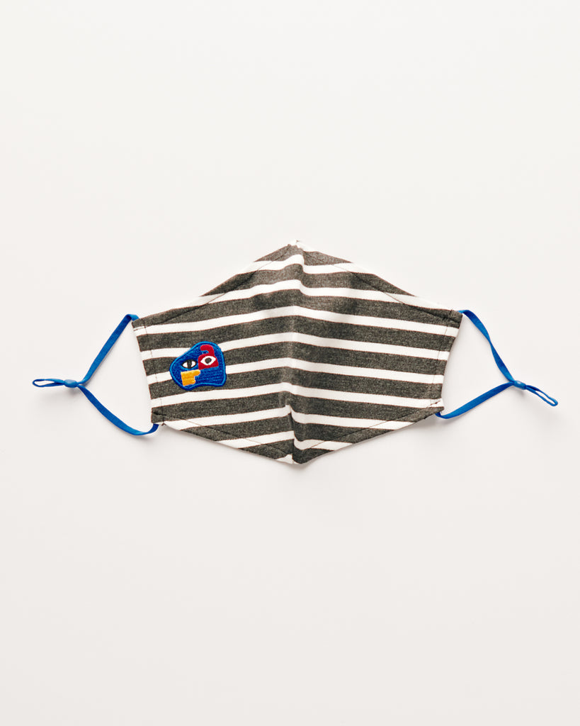 Grey Stripe Facemask with blue earloops and embroidery