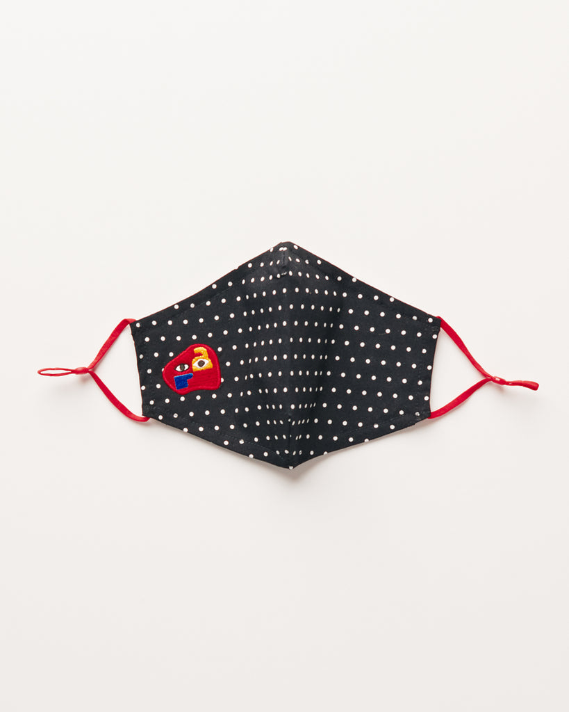 Navy Polka Dot  Facemask with red earloop and logo embroidery