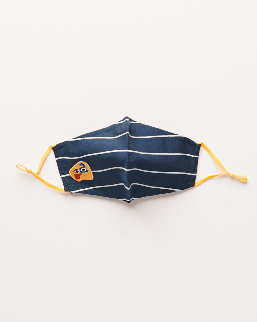 Matching Facemask Navy Stripe with Mustard earloop and Logo Embroidery