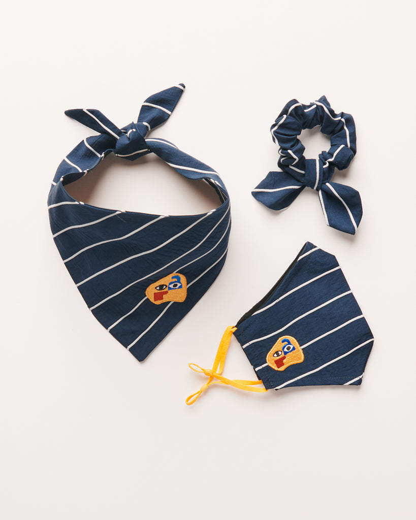 Dog Bandana, Matching Facemask and Scrunchie set in Navy Stripe with Logo Embroidery